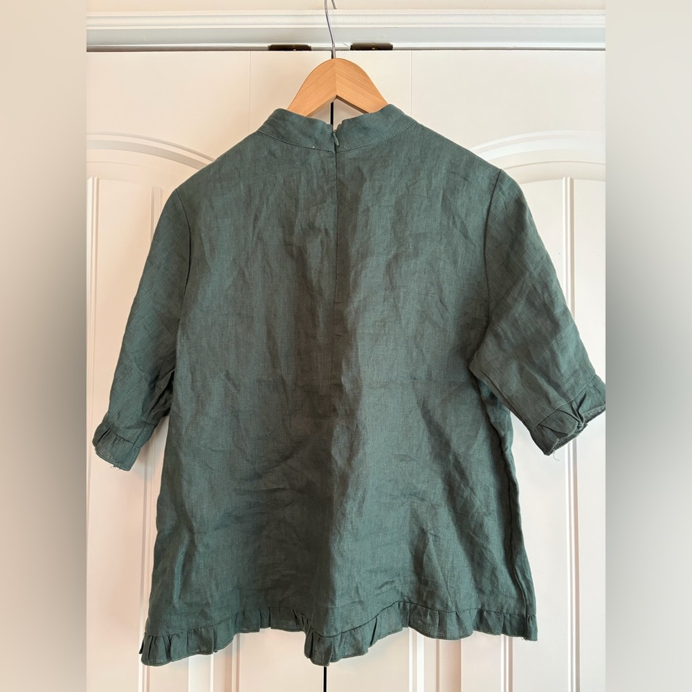 AERE NWT 100% Linen Frill Sleeve Botanical Green Blouse Women's Sz 10 Resort - Picture 2 of 10